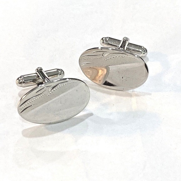 Vintage Anson Sterling cufflinks silver tone ovals etched conservative career - Picture 1 of 7